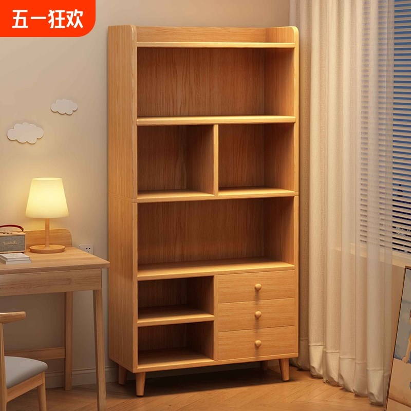 实木书架落地置物j架一体靠墙柜子客厅展示柜家用学生简易书柜收