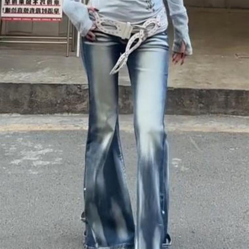 大码美式辣妹水洗做旧微喇牛仔裤女2025设计感修身显瘦垂感喇叭裤