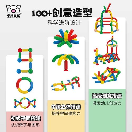 小猪日记磁力棒儿童积木拼装宝宝男女孩强磁铁拼接益智玩具磁力片