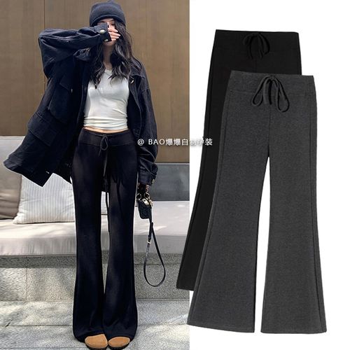 孕妇抽绳喇叭裤春秋季加绒羊绒感糯米外穿垂坠感灰色直筒拖地长裤