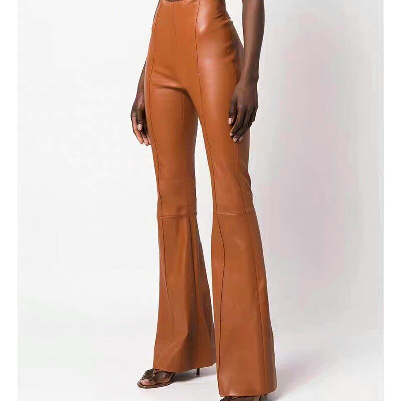 特价厂价促销进口小羊弹力真皮百搭显瘦大长腿修身微喇叭长裤多色