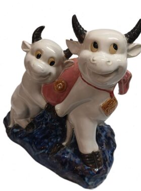 石湾陶瓷公仔潘柏林印章招财进宝十二生肖牛家居装饰摆件送礼动物