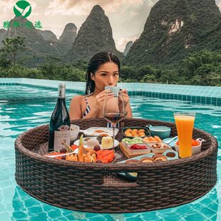 藤编漂浮圆形水上托盘巴厘岛越南网红篮子民宿酒店游泳池餐盘沙滩