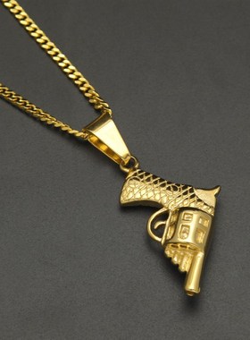 欧美街头嘻哈吊坠男潮时尚百搭不锈钢手枪吊坠毛衣链电镀链条饰品