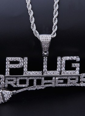 欧美男女嘻哈朋克插头字母项坠铜镶锆石14K镀金吊坠链条一件代发