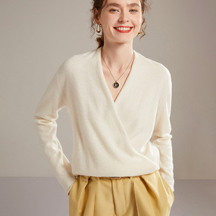 23秋冬新款 女套头落肩显瘦针织打底 交叉裹胸V领纯喀什米尔羊毛衫