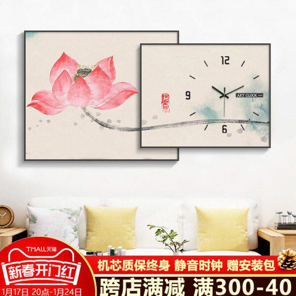新中式挂钟客厅时钟挂式钟表禅意室荷花装饰画带钟挂墙挂画餐厅钟