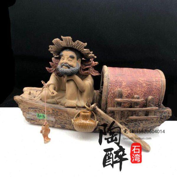 独钓寒江渔公翁船 陶醉石湾陶瓷公仔装饰品 工艺品人气摆件包邮