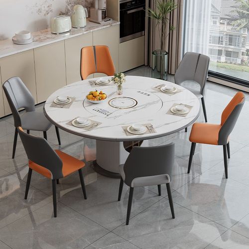 轻奢岩板多功能伸缩餐桌椅电磁炉电动暖菜板可变圆桌饭桌可配转盘