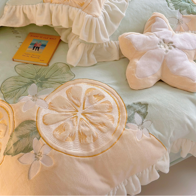 可爱卡通柠檬牛奶绒四件套冬季加厚双面毛绒珊瑚绒被套少女心床品