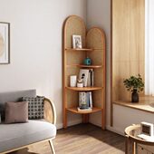 复古藤编实木三角形墙边收纳柜客厅拐角储物柜角落置物柜落地书架