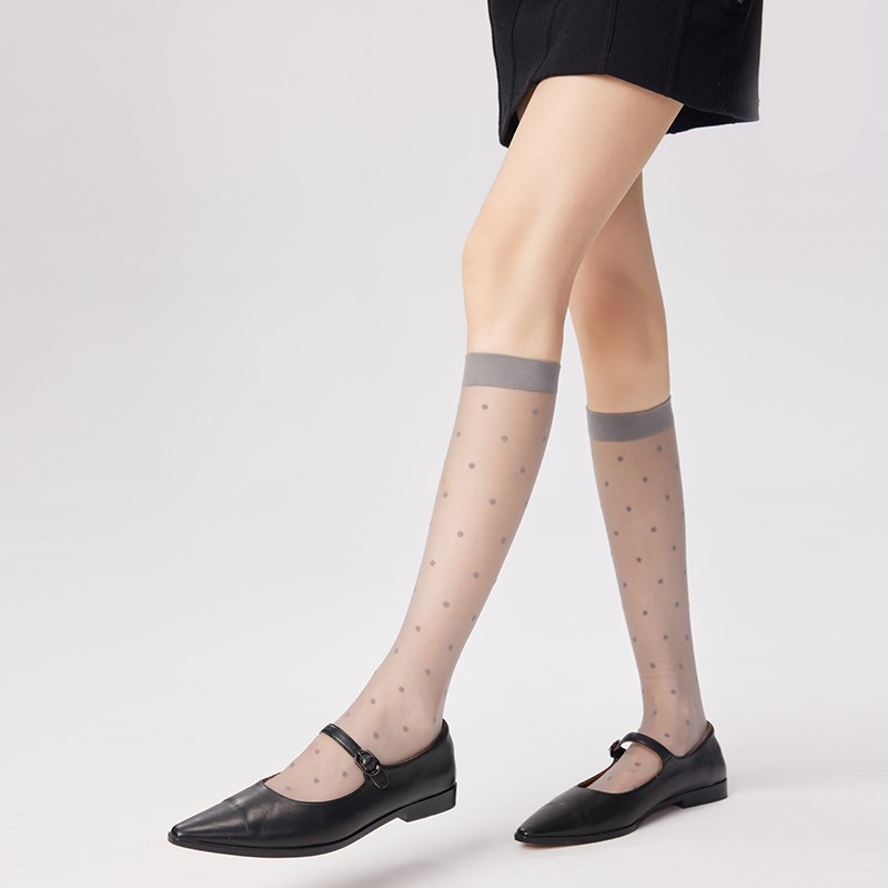 波点丝袜女夏季超薄透肉长筒袜JK黑色圆点辣妹夏天透明灰色小腿袜