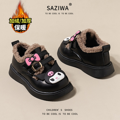 库洛米女童皮鞋2024冬季加绒运动鞋大棉宝宝卡通可爱加厚保暖棉鞋