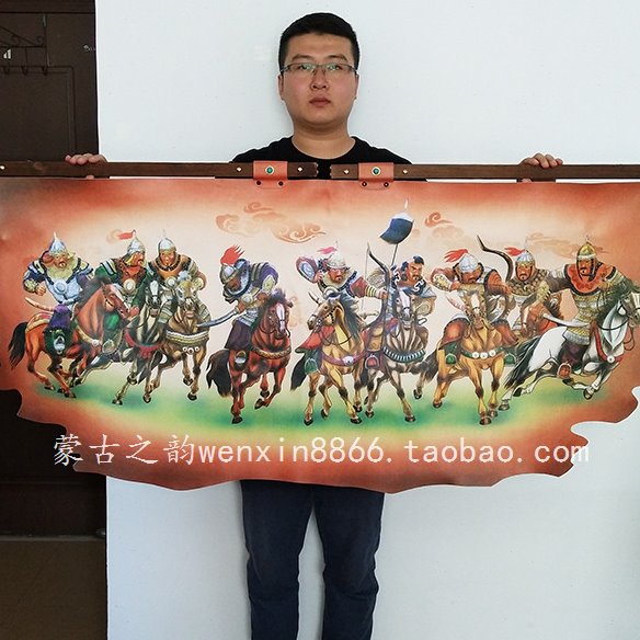 蒙古皮画横版1.6米双木杆内蒙古特色手工艺挂画装饰画蒙古骑士画