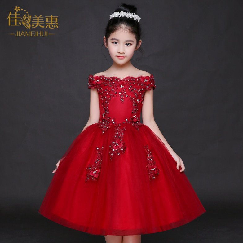 儿童礼服红色短款蓬蓬裙钢琴公主裙花童婚纱女童主持走秀演出服夏