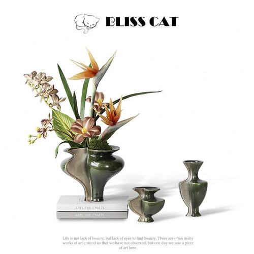 中古侘寂风绿色陶瓷花瓶插花软装客厅茶几餐桌高级感花器花艺摆件
