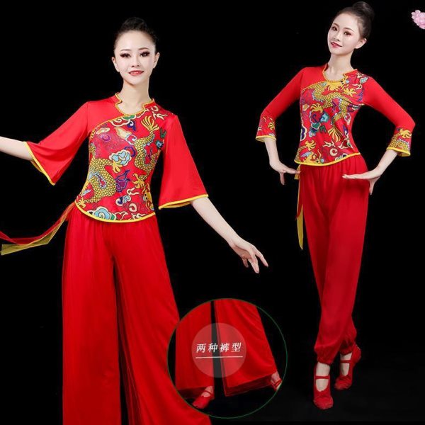 广场舞服装新款套装夏季民族风龙纹中老年腰鼓舞秧歌服舞蹈演出服