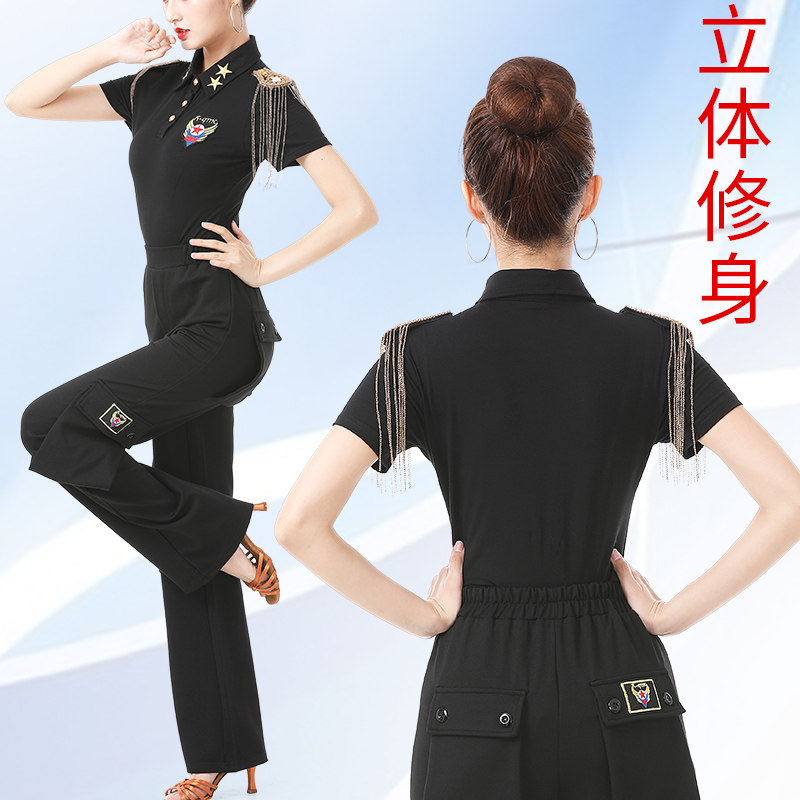 春夏款水兵舞服装短袖翻领T恤上衣女广场舞吉特巴流苏演出套装男