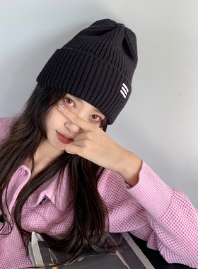 黑色尖尖毛线帽女尖头线帽情侣学生isI新款棉帽针织月子包头冷帽