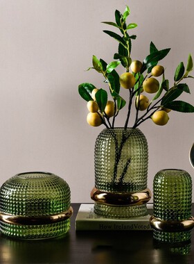 手工复古绿色金边玻璃花瓶插花y家居客厅茶几软装饰品北欧床头摆