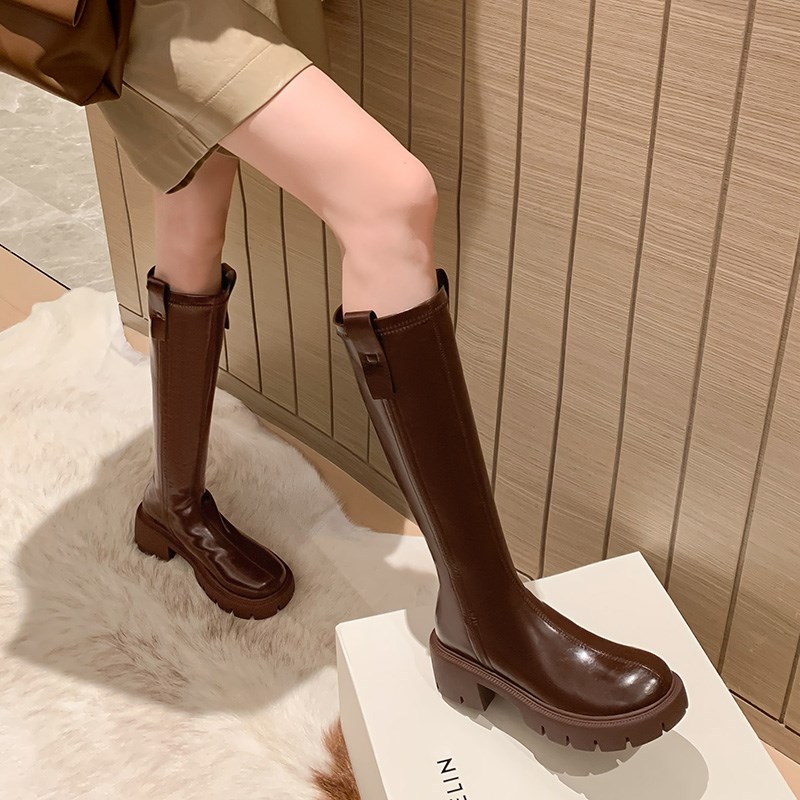 黑色粗跟高跟长筒靴女s2024新款棕色不过膝长靴厚底高筒靴