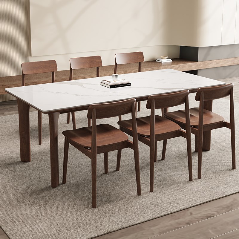 德利丰实木岩板餐桌长方形家用新中D式中古风高端小户型全托饭桌