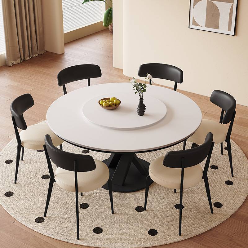 岩板餐桌椅组合现代简约轻奢圆形中古风餐桌家用吃饭圆桌大小户型