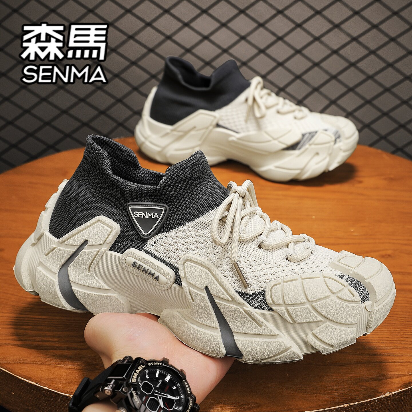 森马男鞋夏季薄款网面透气飞织网鞋男士休闲跑步厚底增高运动潮鞋