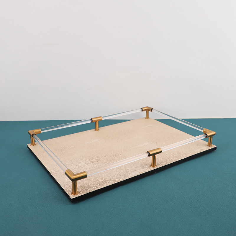 皮革木质长方形托盘摆件酒店样板间家居饭厅北P欧金属收纳果盘托