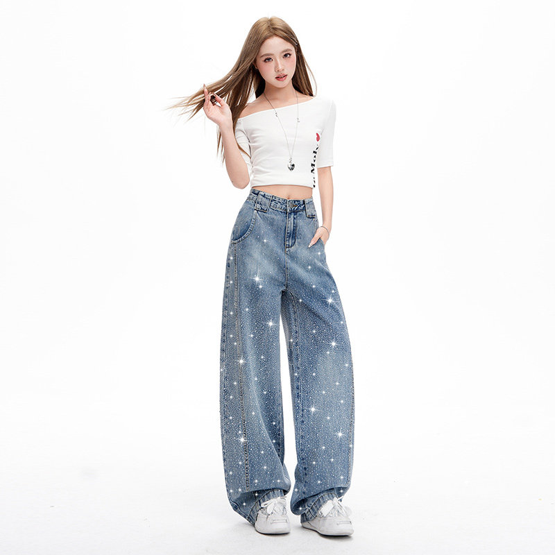 YKYM烫钻新款爆亮闪闪满天星阔腿牛仔裤女春款显瘦宽松裤