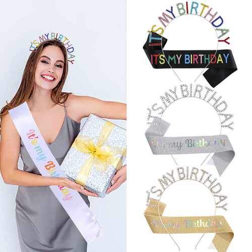 新款生日派对水钻字母生日发箍套装女t's my birthday头箍派对女