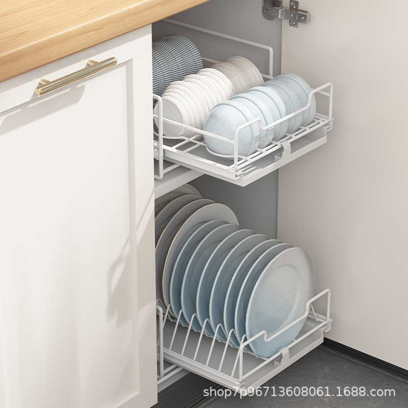 免安装拉篮橱柜内抽拉式收纳碗碟架抽屉免打孔滑轨碗盘沥水置物架