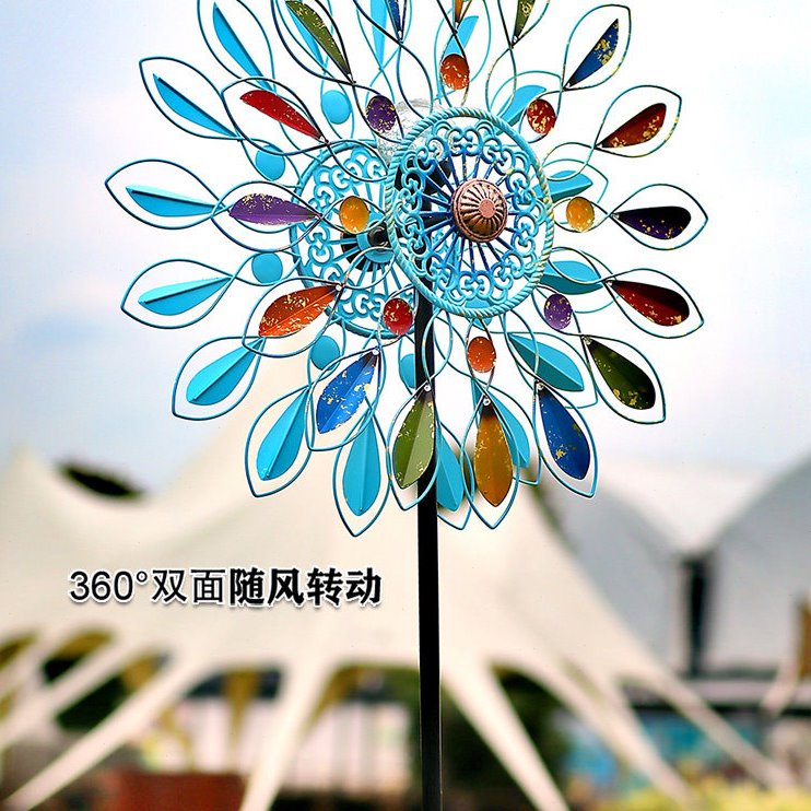 花园铁艺风车旋转摆件庭院别墅露台户外装饰布置造景七彩太阳能灯