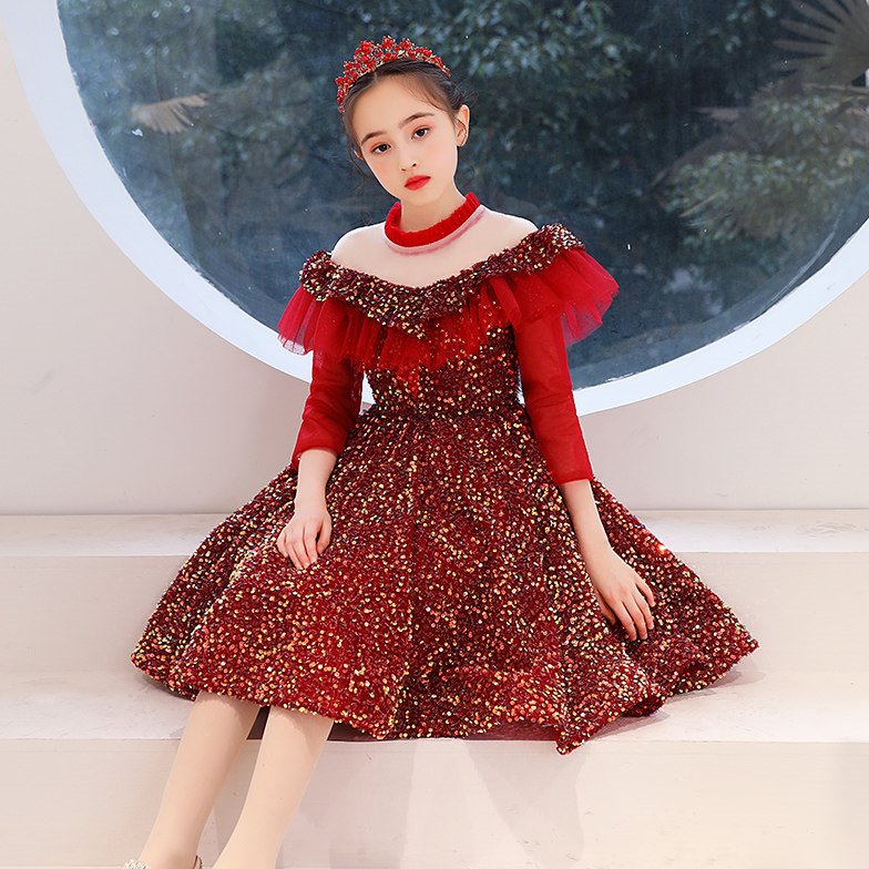 儿童晚礼服公主裙女童蓬蓬小孩花童婚纱钢琴演出服长袖洋气高端春