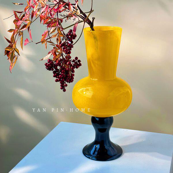 橙色高脚花瓶中古风摆件琉璃水养鲜花插花客厅装饰高级感玻璃花器