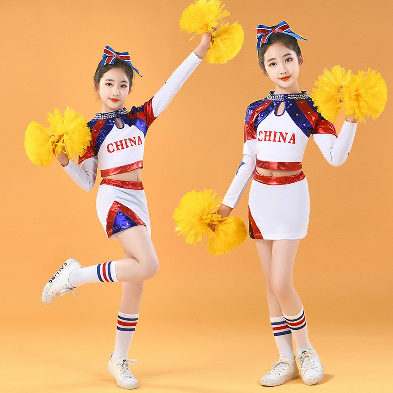 少年儿童新款云肩女啦啦操运动会开幕式拉拉队亮面连体裙蹈服篮球