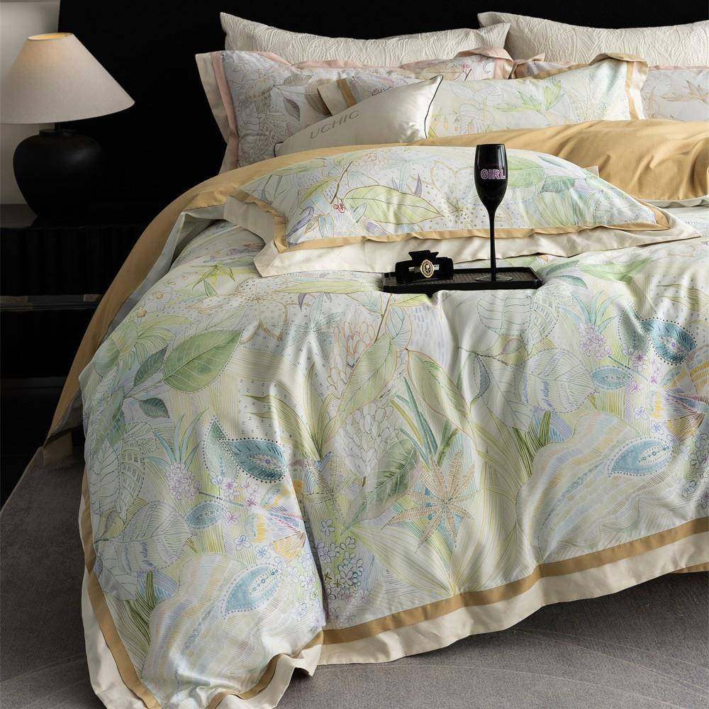 高端轻奢纯棉全棉磨毛四件套田园花卉印花被套加厚双人样板间床品