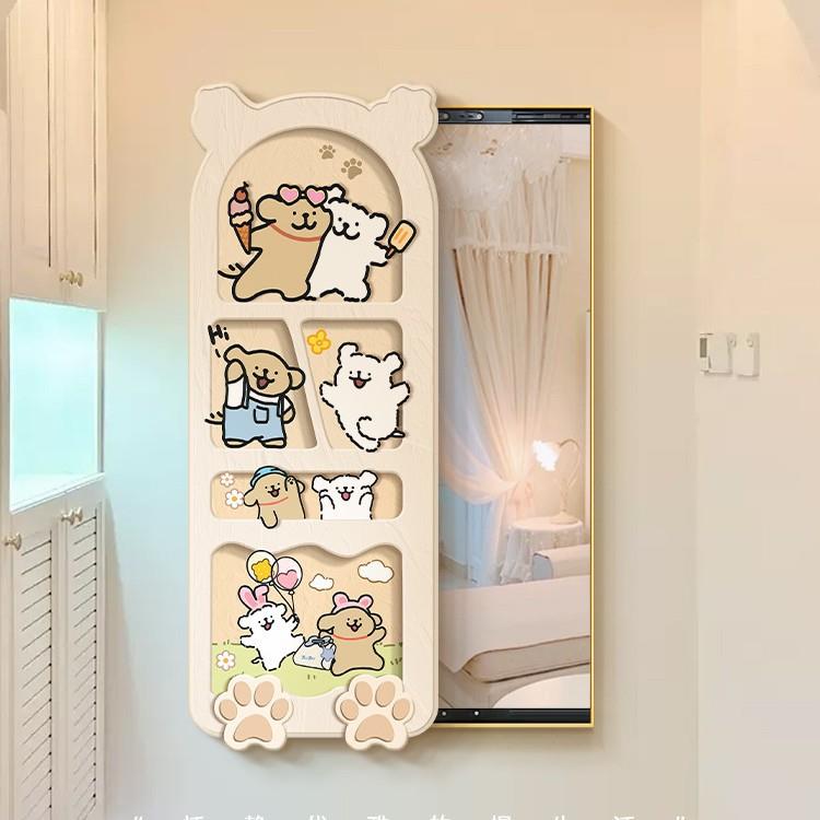 奶油风隐藏式全身镜隐形推拉穿衣镜线条小狗玄关镜面装饰画镜子画
