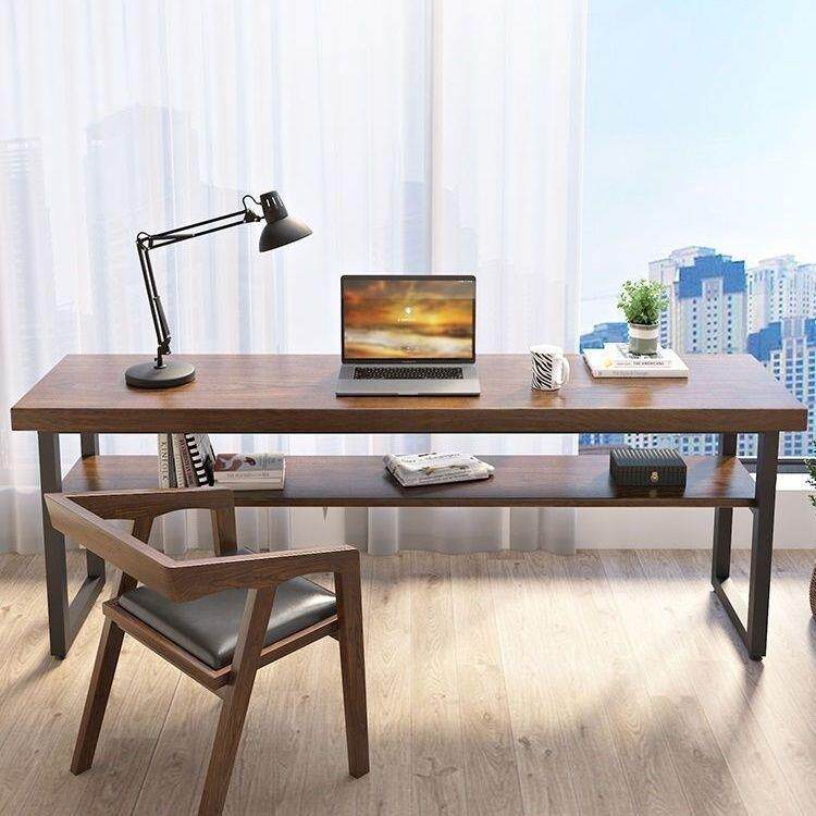 北欧双层实木电脑桌家用阳台双人桌书桌学习桌椅组合办公桌长条桌