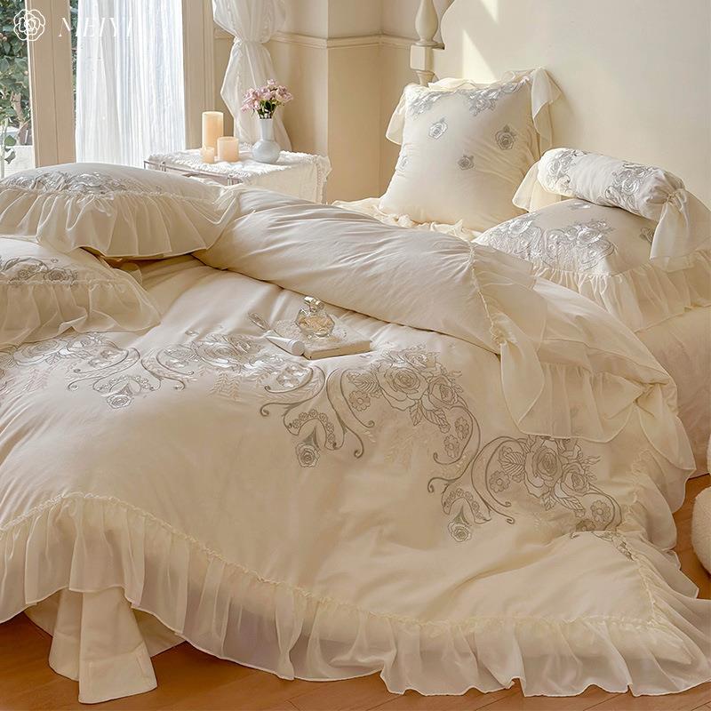 法式花边高级感140S长绒棉刺绣四件套全棉纯棉被套公主风床上用品