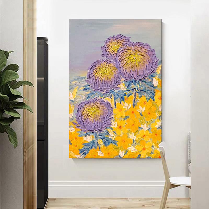 纯手绘油画紫色花卉肌理画客厅含苞待放花朵装饰画玄关挂画高级感