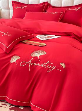 大红色婚庆四件套喜庆婚被套高级感新婚礼床单床笠结婚嫁床上用品
