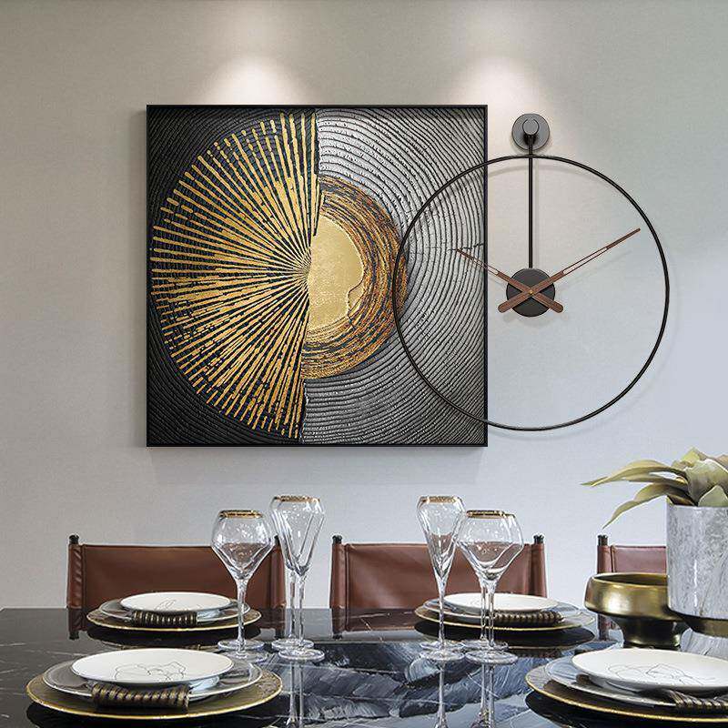 现代轻奢抽象带挂钟餐厅墙面装饰画饭厅简约客厅创意钟表挂画壁画