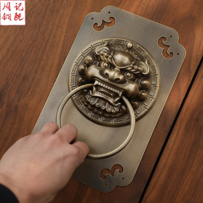 中式纯铜门环木门复古麒麟兽头把手仿古大门狮子头虎头拉环铜拉手