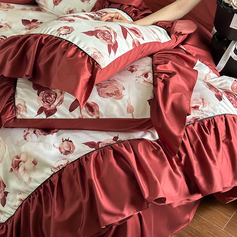 新婚100S天丝长绒棉床单四件套床笠款婚房被套罩结婚喜庆浪漫床品