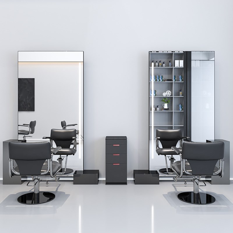 网红理发店镜台发廊新款美发店烫染镜子剪发镜带灯单面双面落地镜