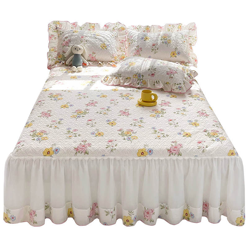 全棉夹棉床裙式床罩单件纯棉蕾丝边加厚床单夏季小清新四季款防滑