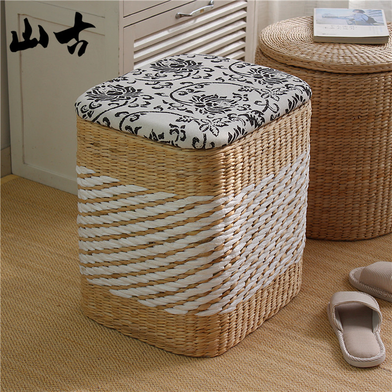 藤编收纳凳子储物凳可坐墩沙发凳家用小矮凳穿鞋凳实木门口换鞋凳