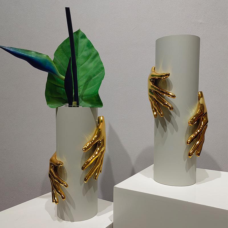 简约现代白金纤手金属插花器样板房间客厅餐桌花瓶软装饰品摆件品