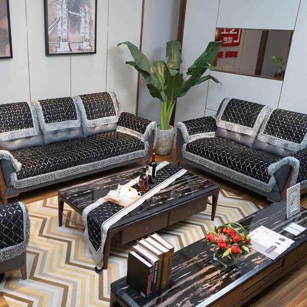 欧式真皮沙发垫黑色四季通用客厅简约沙发坐垫防滑布艺沙发套罩巾